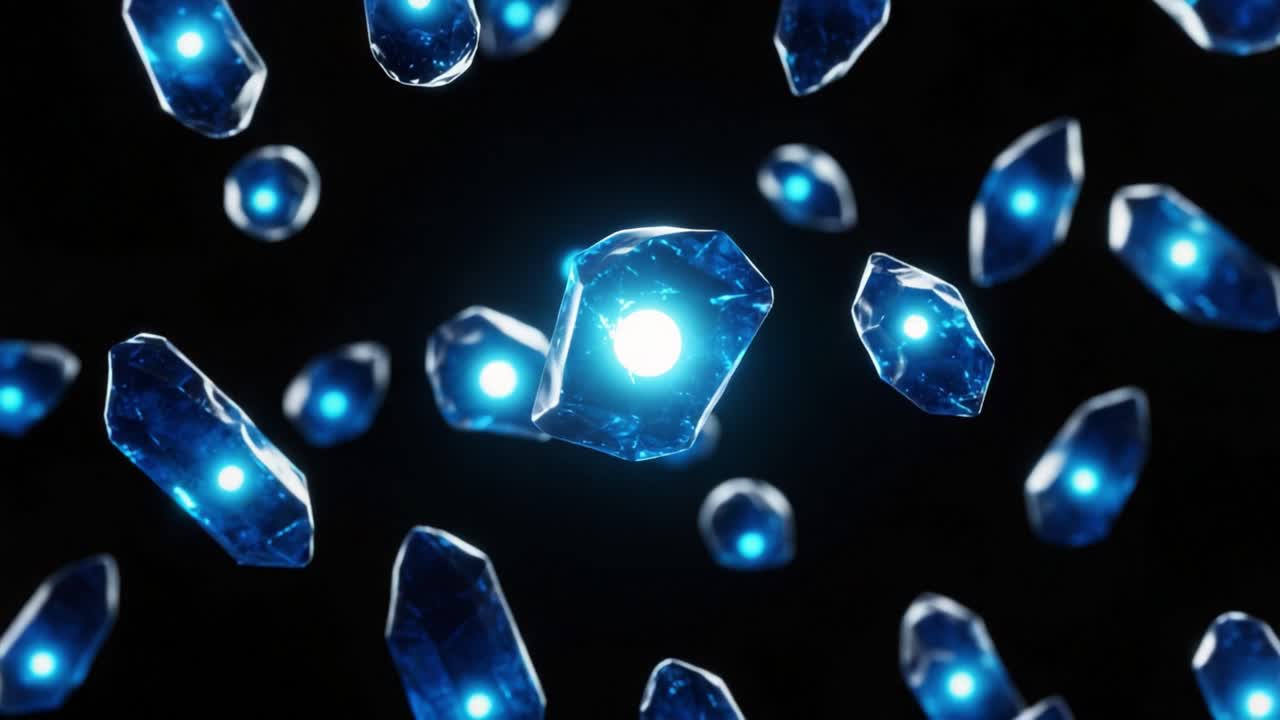 A mesmerizing glimpse into a dynamic world of luminous blue crystals floating against a dark background, creating an enchanting visual spectacle of light and form