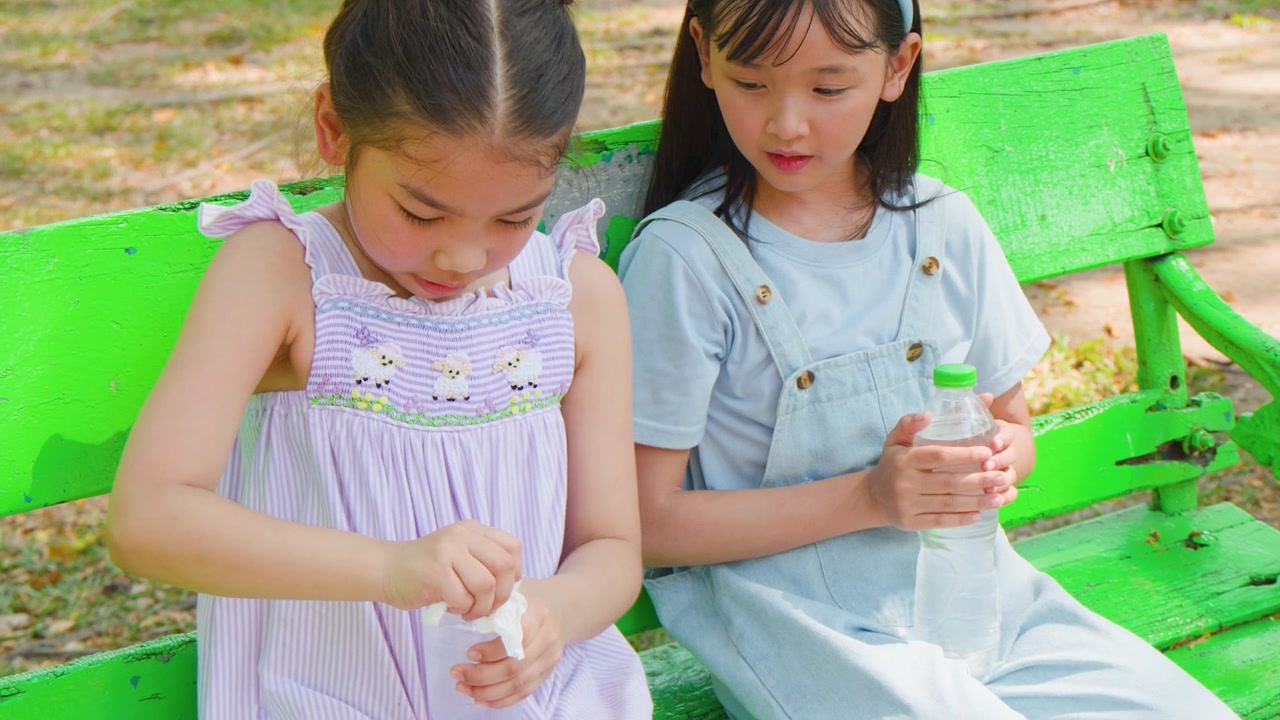 晴れた日の屋外で、2人の幼い少女が緑の公園のベンチに座っている。