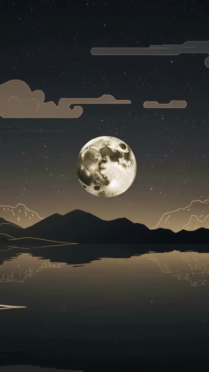 Vídeo vertical: Lua cheia flutuando acima da montanha na costa, criando uma atmosfera calma com nuvens e ondas.