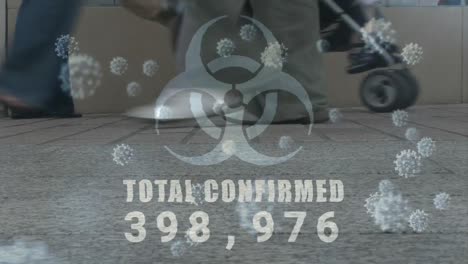 animación de un cartel de peligro con las palabras total confirmado y coronavirus covid19 extendiéndose en la calle