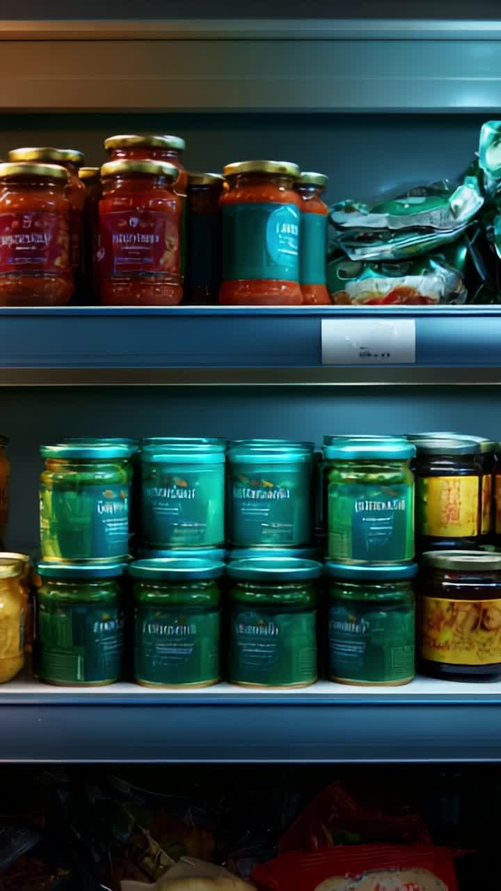 Prateleira de despensa bem organizada, repleta de potes e recipientes coloridos com diversos alimentos e molhos em conserva, mostrando a diversidade e a conveniência culinárias