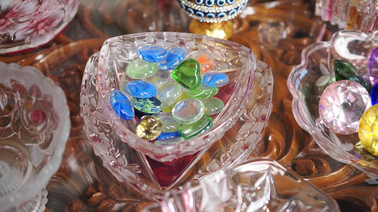 Colorful Decorative Glass Stones in a Crystal Bowl