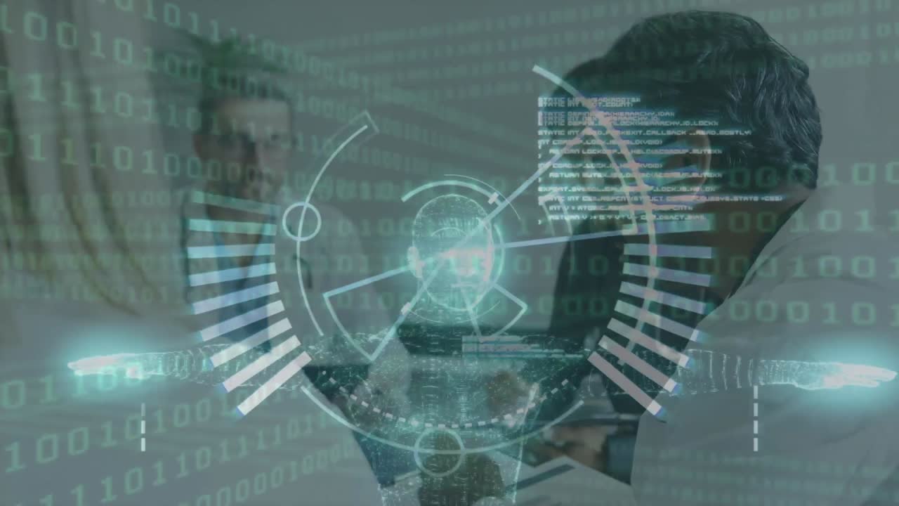 animación de la anatomía con círculo y códigos binarios sobre médicos multirraciales discutiendo en el hospital