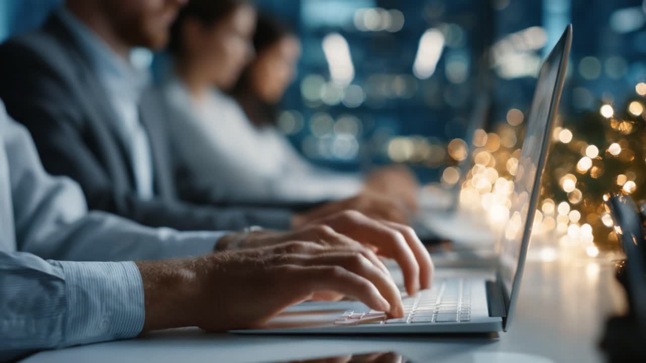 Focused Professionals Engaged in Work at Night, Utilizing Laptops with a Cityscape Backdrop and Soft Ambient Lights, Emphasizing Productivity and Collaboration