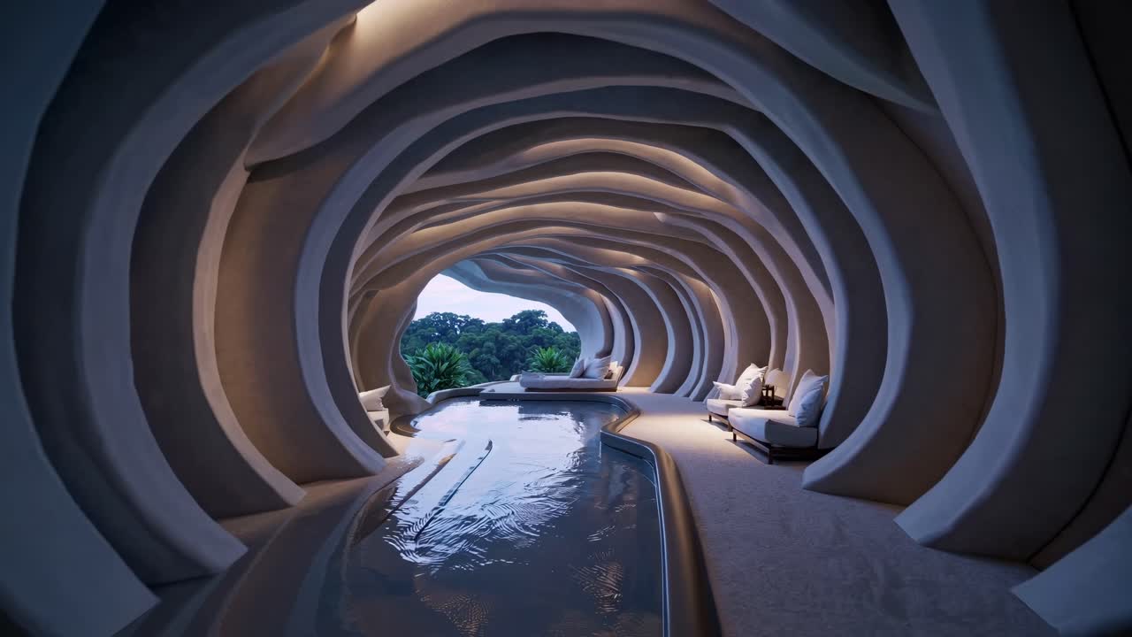 Futuristic cave-like lounge with organic curves, pool, and forest view