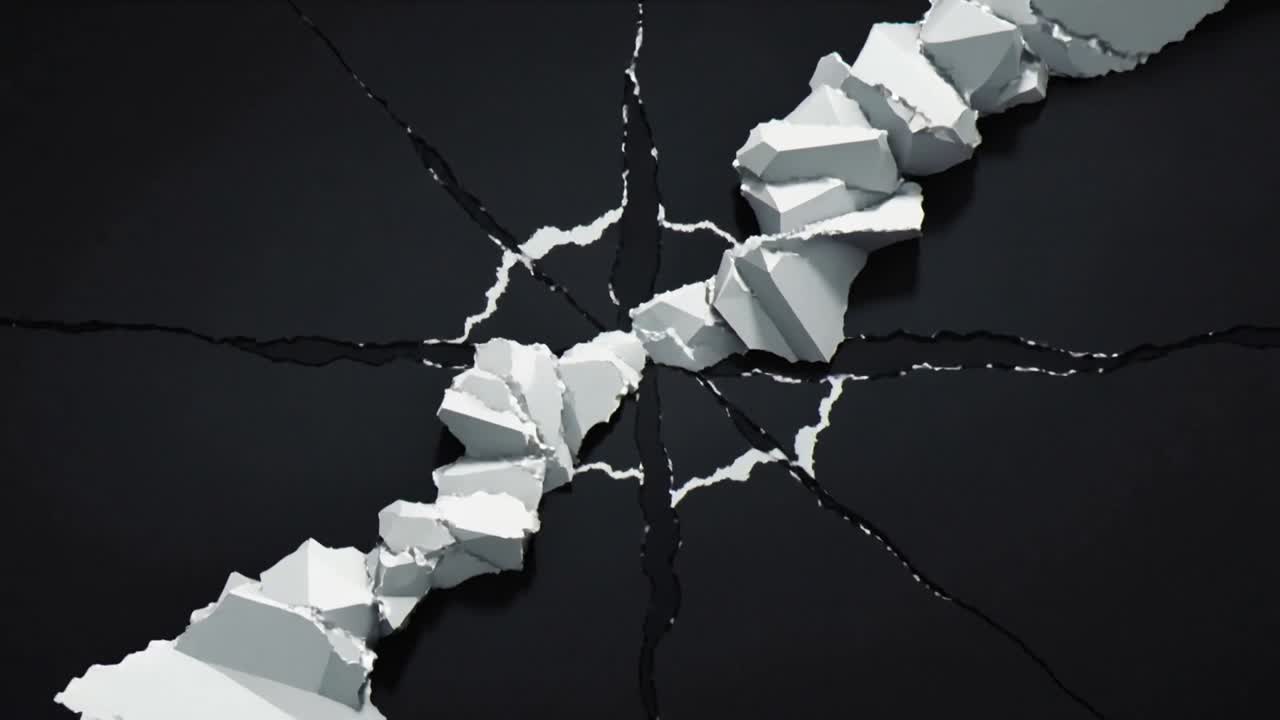Fracturing diagonal white ridge splitting across dark plane after impact, revealing hairline cracks
