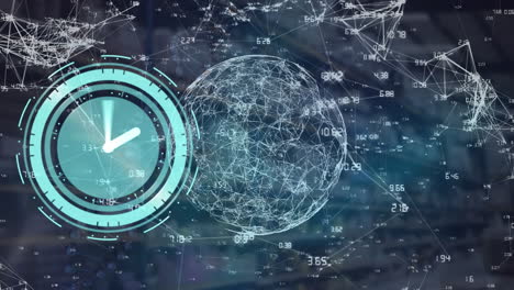 animación de reloj de neón y globo de la red de conexiones contra el almacén vacío