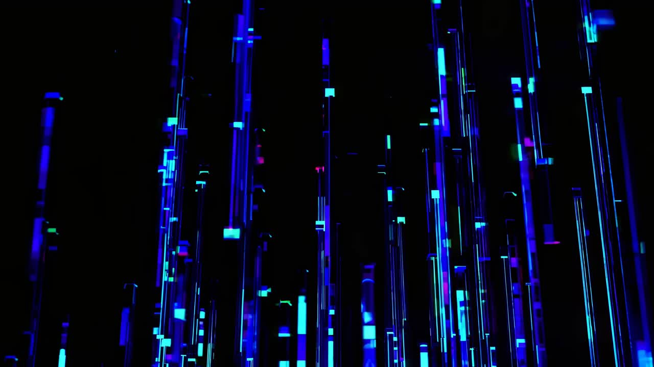 Abstract video of vertical neon blue and purple light bars on a black background