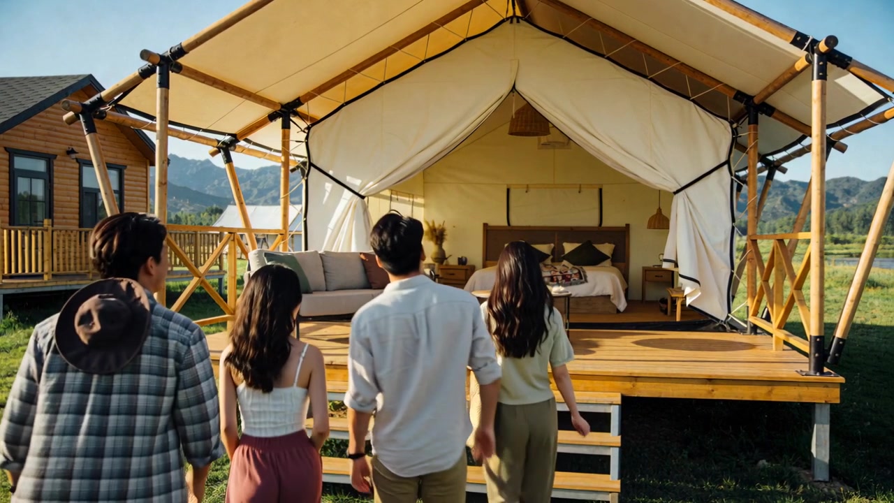 Uomo che indica e guida un gruppo che sale i gradini verso una tenda da glamping, esplorando l'interno in abbigliamento casual