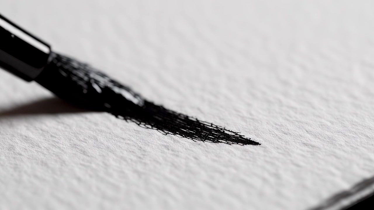 Makronærbillede af kalligrafipensel med sort blæk på papir