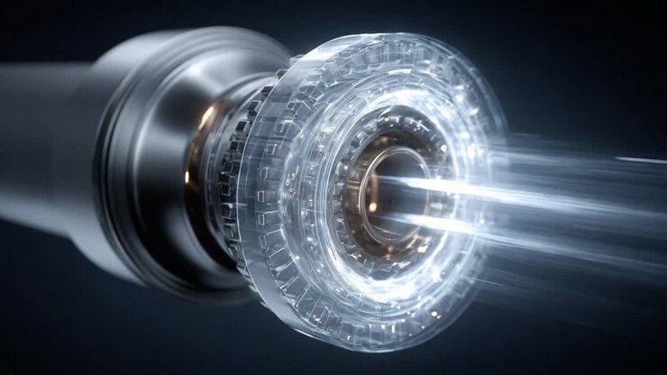 Primo piano di un proiettore di energia high-tech con un design trasparente con raggi di energia radiante che vengono emessi dal nucleo, che evidenzia la tecnologia avanzata in azione