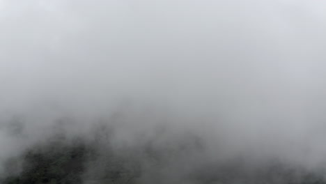 Flight among the clouds, village in the forest during a cloudy day