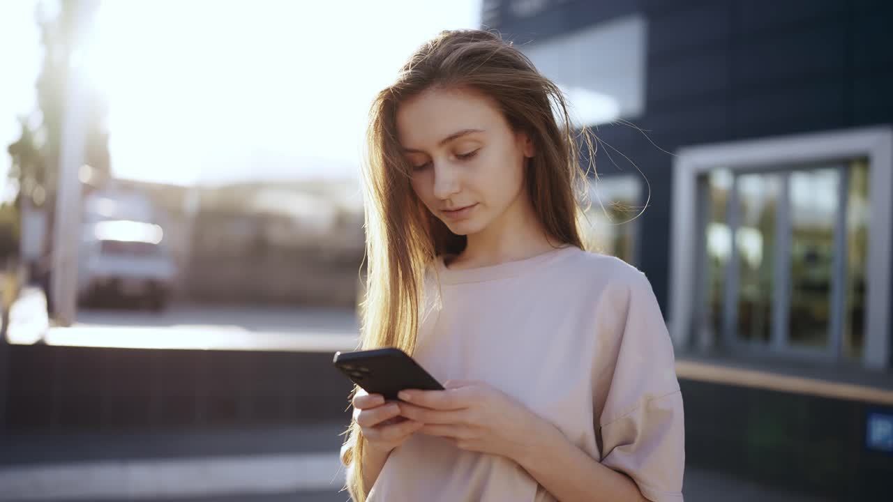 Young woman in a bright sunlight uses phone