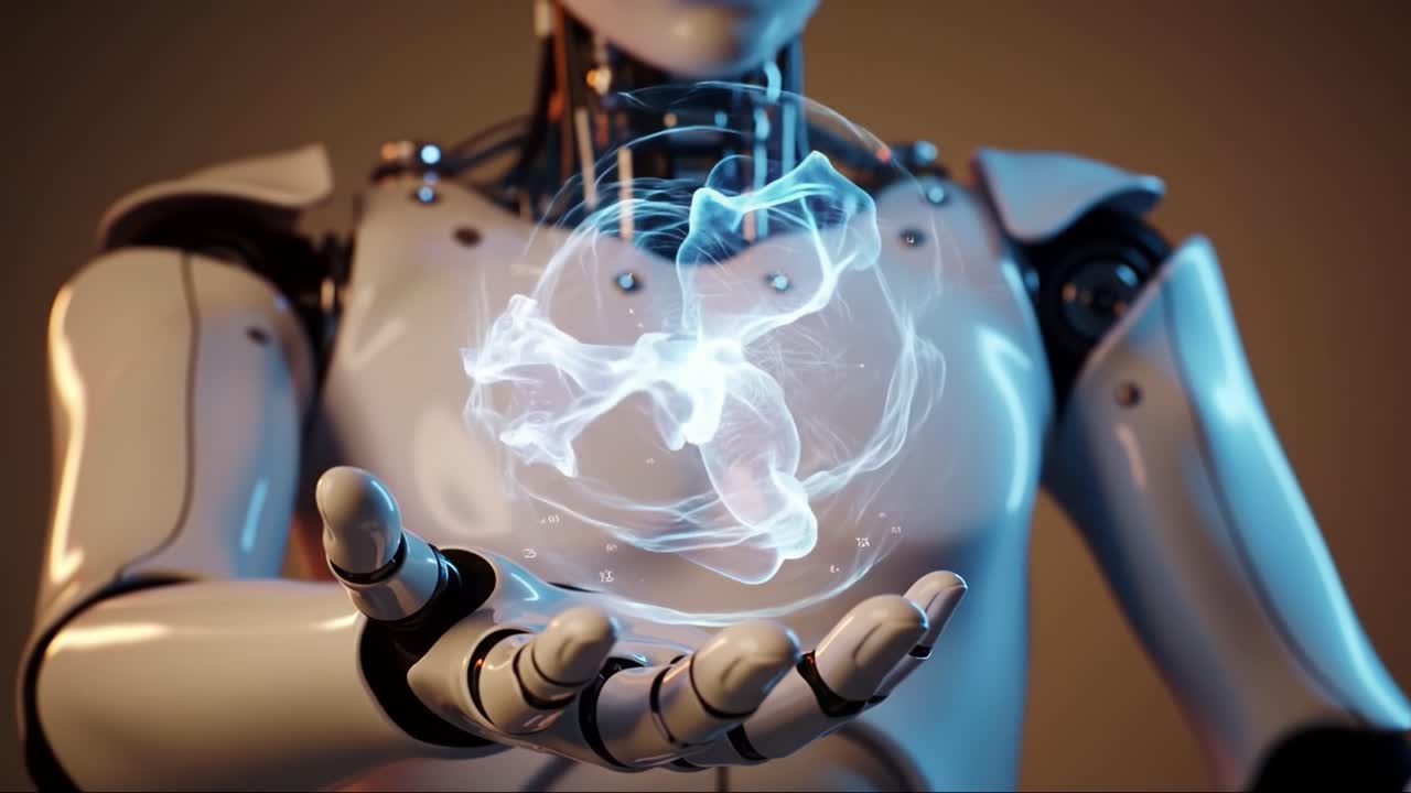 A futuristic robot holds a glowing, ethereal entity in its open hand, symbolizing the intersection of technology and advanced artificial intelligence.