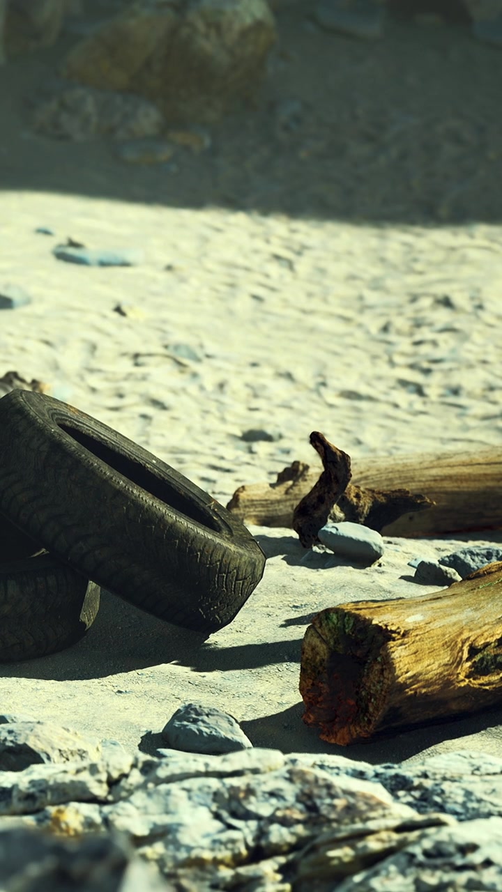 Discarded tires and logs on sandy beach near rocky shore during daytime