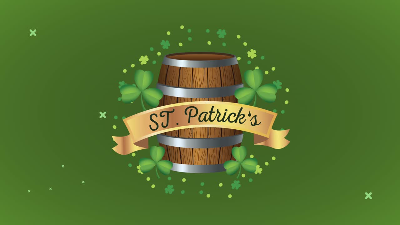 feliz día de san patricio con letras de cinta dorada con barril de cerveza y tréboles