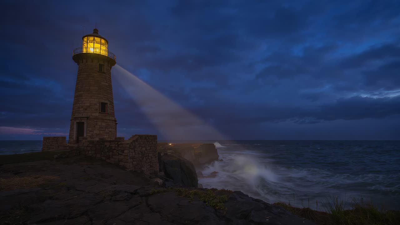 Lanterna illuminata, faro in pietra con raggio di luce che illumina la scogliera rocciosa al crepuscolo guidando le navi, spazio per la copia