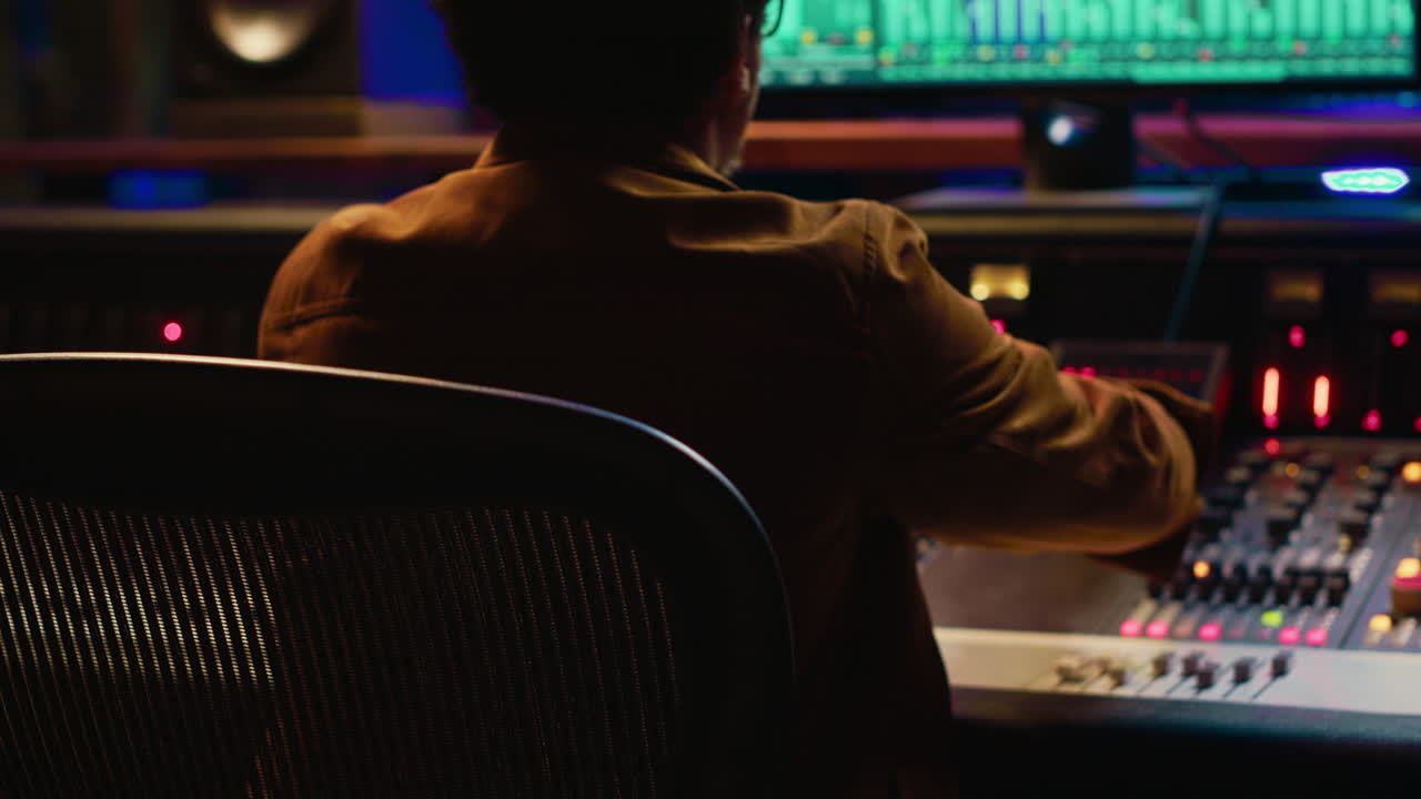 African american sound engineer recording and editing tracks in post production