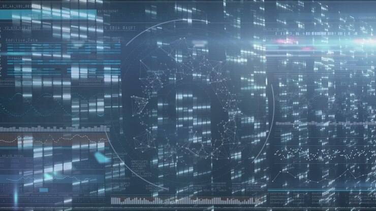 Animation of red pattern and data processing over computer servers