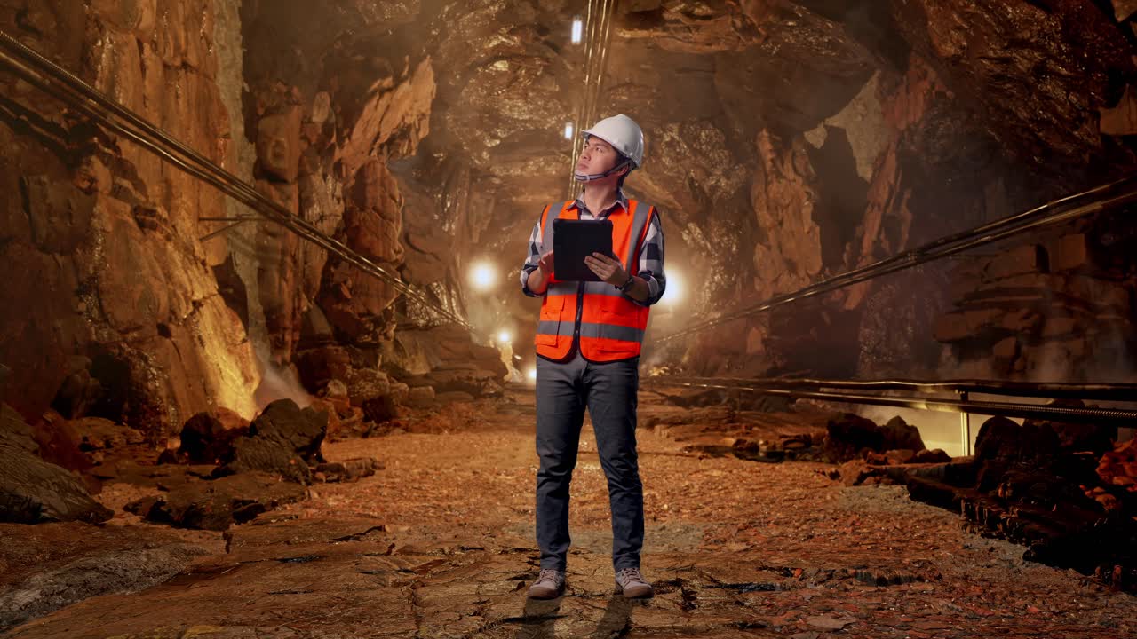 Full Body Of Asian Male Engineer With Safety Helmet Looking At The Tablet In His Hand And Looking Around While Standing In Underground Mine Tunnel