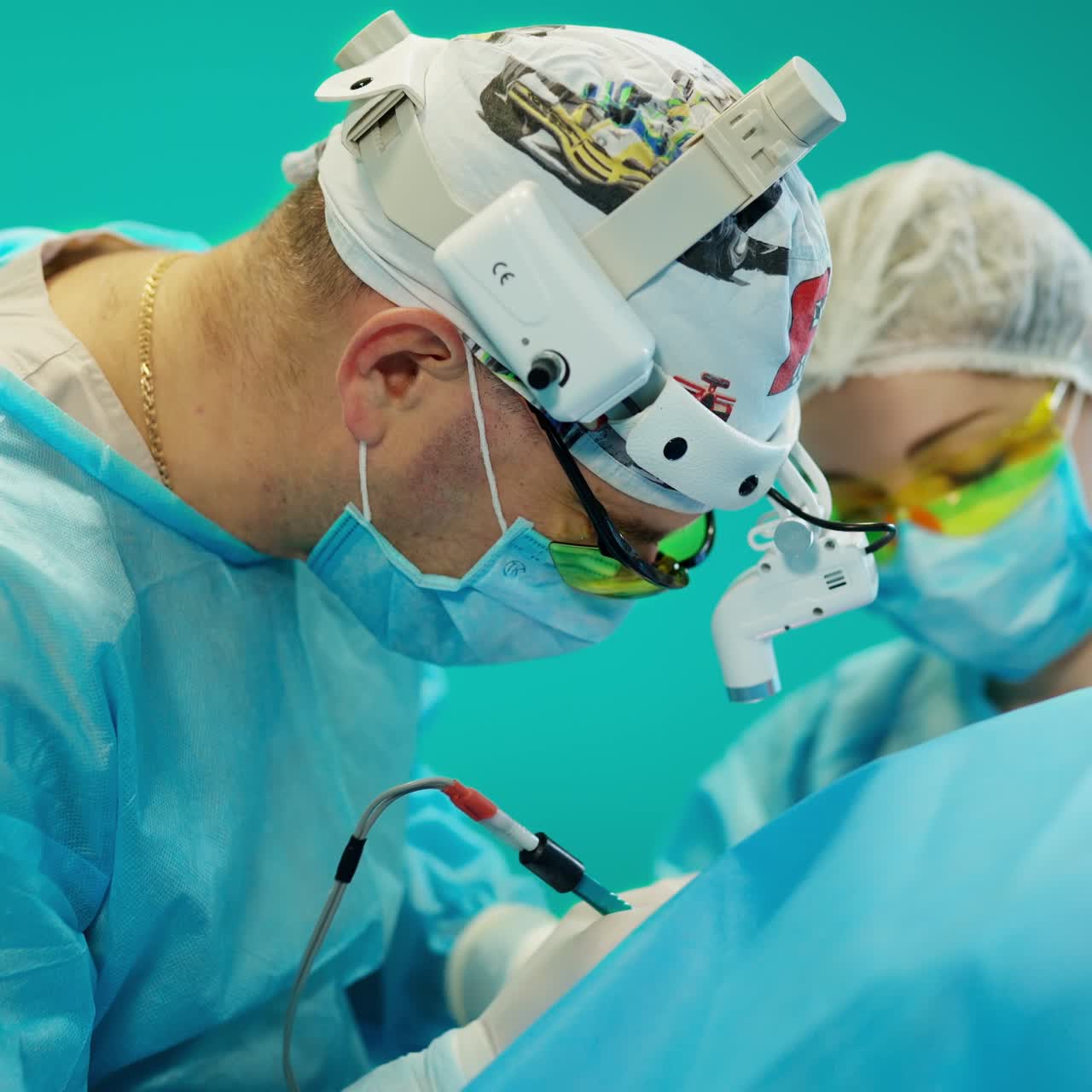 Doctor operates the patient. Nurse helps the specialist in the operating room. Side view of a male surgeon with modern medical device on head perform an operation.