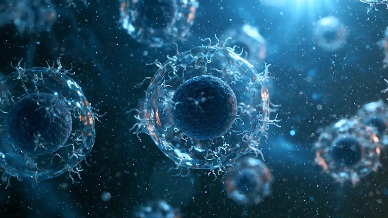 Mikroskopisk visning av biologiske celler som flyter i væske