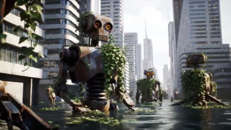a surreal future where robots overgrown by nature populate a futuristic cityscape, highlighting the intersection of technology and environmental change