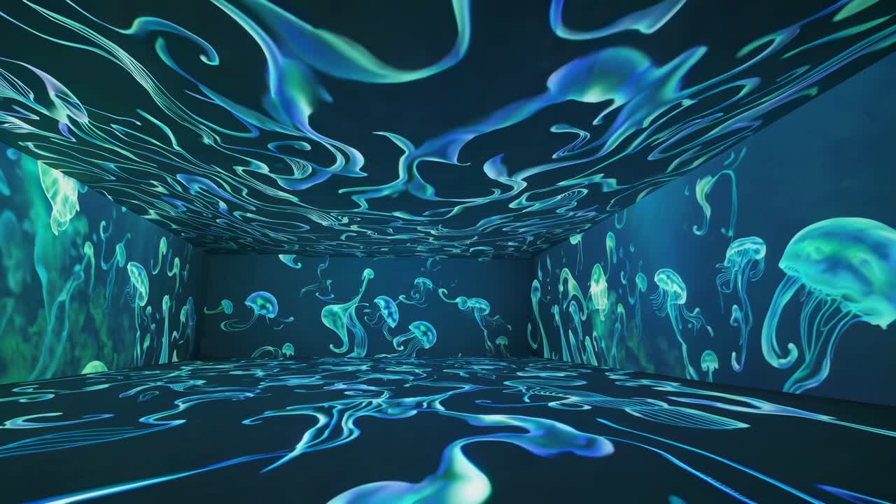 Immersive video art installation with jellyfish projections on walls and floor