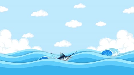 animated dolphin jumping through stylized waves.