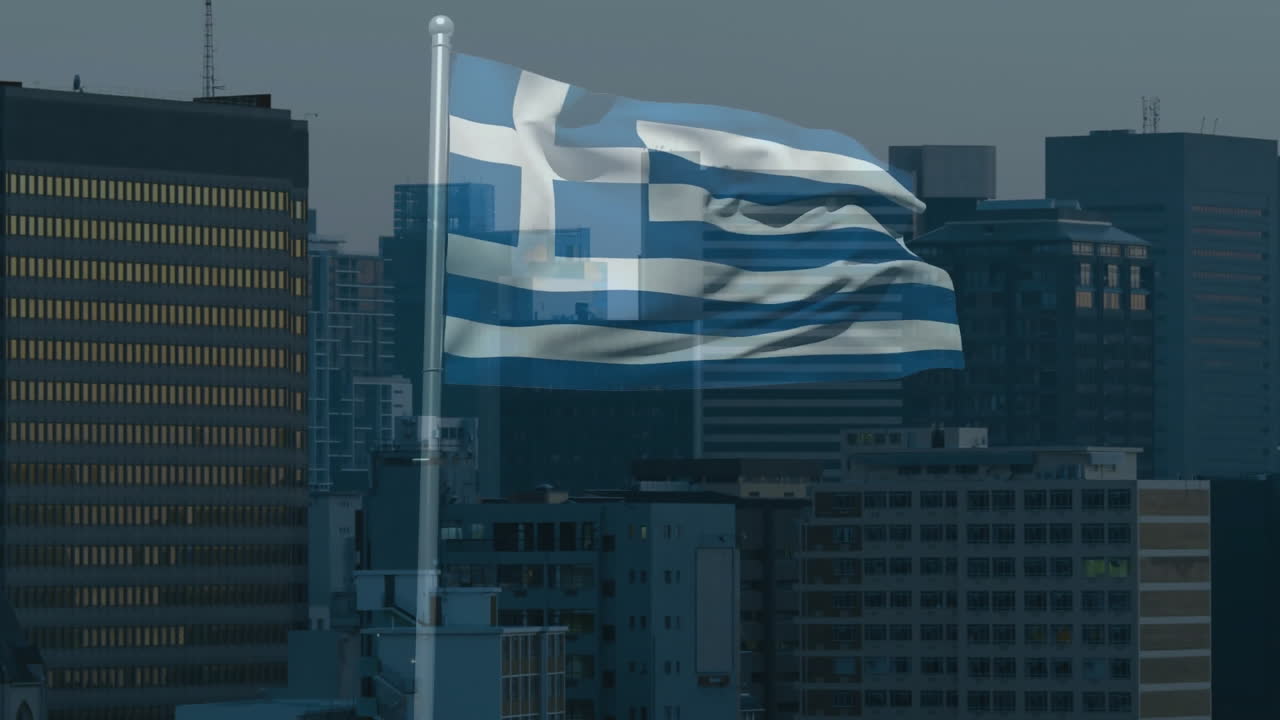 Greek flag flying on flagpole over urban skyline in 3D render, showing midrise and highrise towers