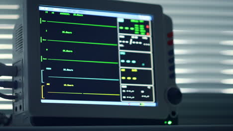 closeup heart rate monitor device showing no vital signs in intensive care room.