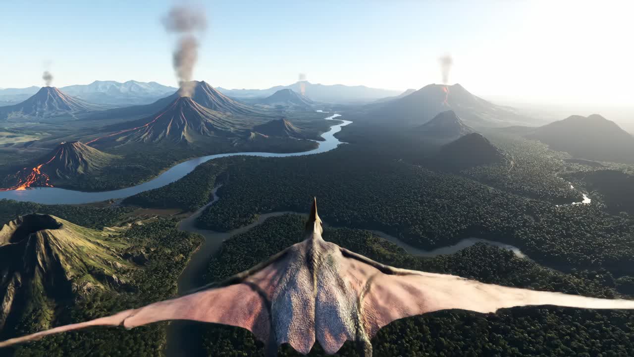 Volcanic Landscape with Flowing Lava and Lush Forests