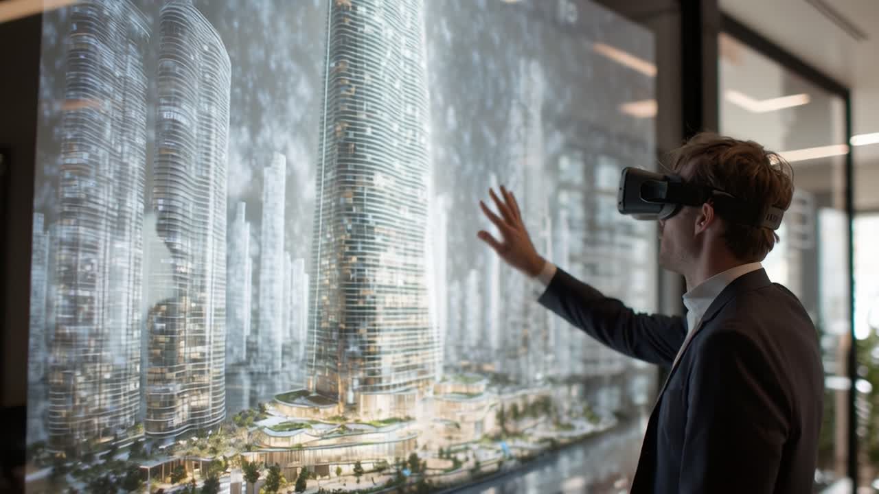 A Visionary Experience: Virtual Reality Demonstration Showcasing Innovative Architectural Concepts amidst a Stunning Futuristic Cityscape with Engaging Interactions between the Presenter and Visitor