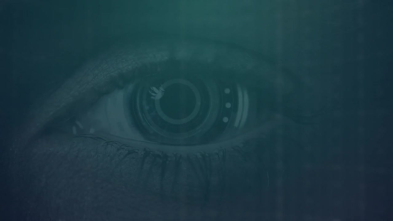 animación de un telescopio circular que gira sobre un ojo parpadeante, y procesamiento de datos, en gris oscuro