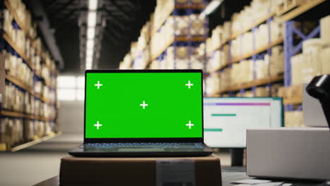 industrial huge warehouse with mockup copy space on a laptop