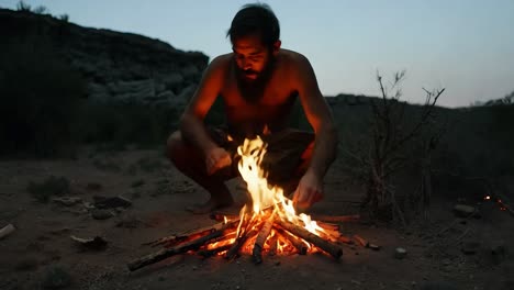 man sitting by a campfire in the desert