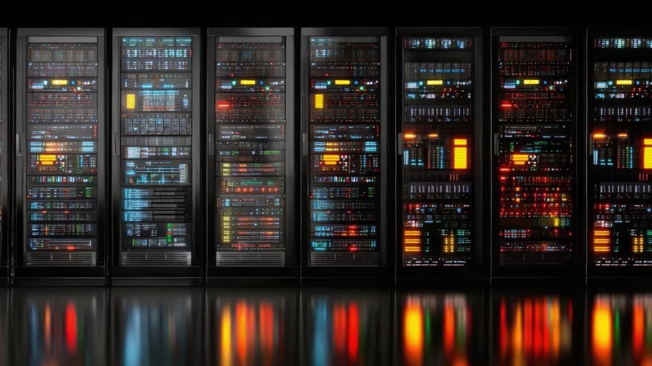Illuminated Server Racks in a Data Center with Colorful Lights Highlighting Network Equipment and Components, Showcasing Modern Computing Technology and Infrastructure