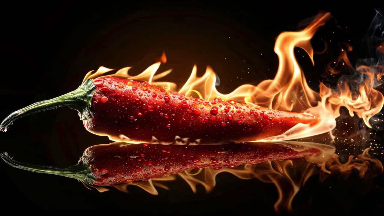 Burning Red Chili Pepper with Water Droplets