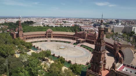 Aerial-view-of-Plaza-de-Espana---Spanish-Square---at-sunrise-in-Seville,-Spain