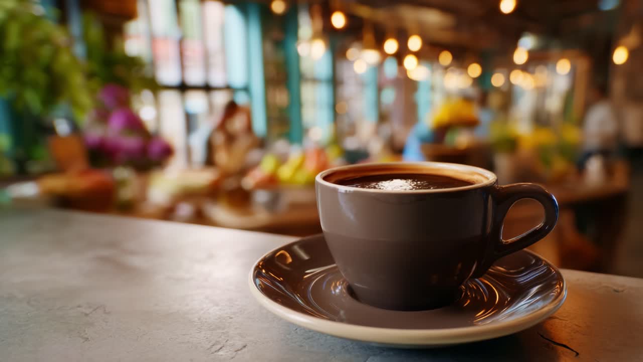 Una tazza calda di caffè su un tavolo rustico in un accogliente bar, illuminato da una luce soffusa e pieno di sapori deliziosi, crea un'atmosfera rilassante per i clienti