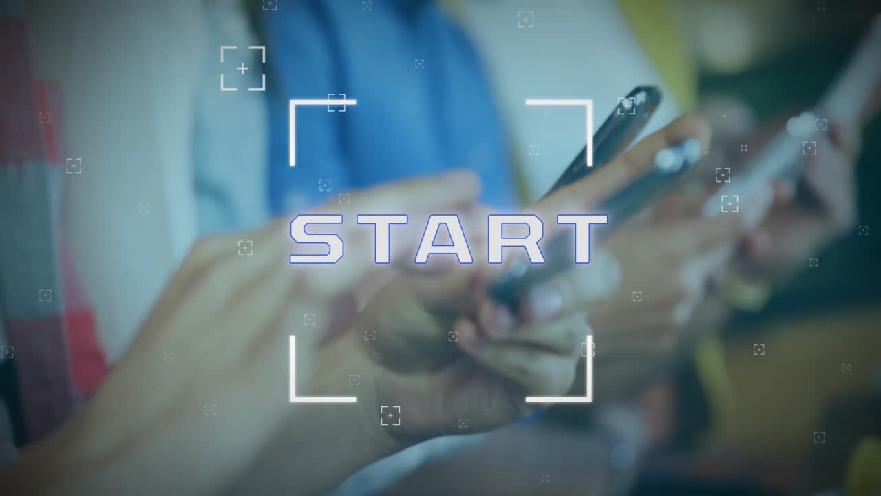 Animation of start text over diverse colleagues using smartphone