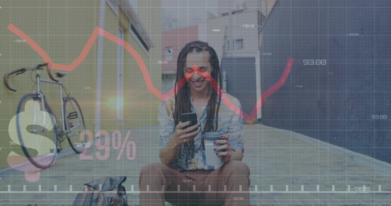 Young Man With Dreadlocks Using Smartphone Outdoors With Financial Data Overlay