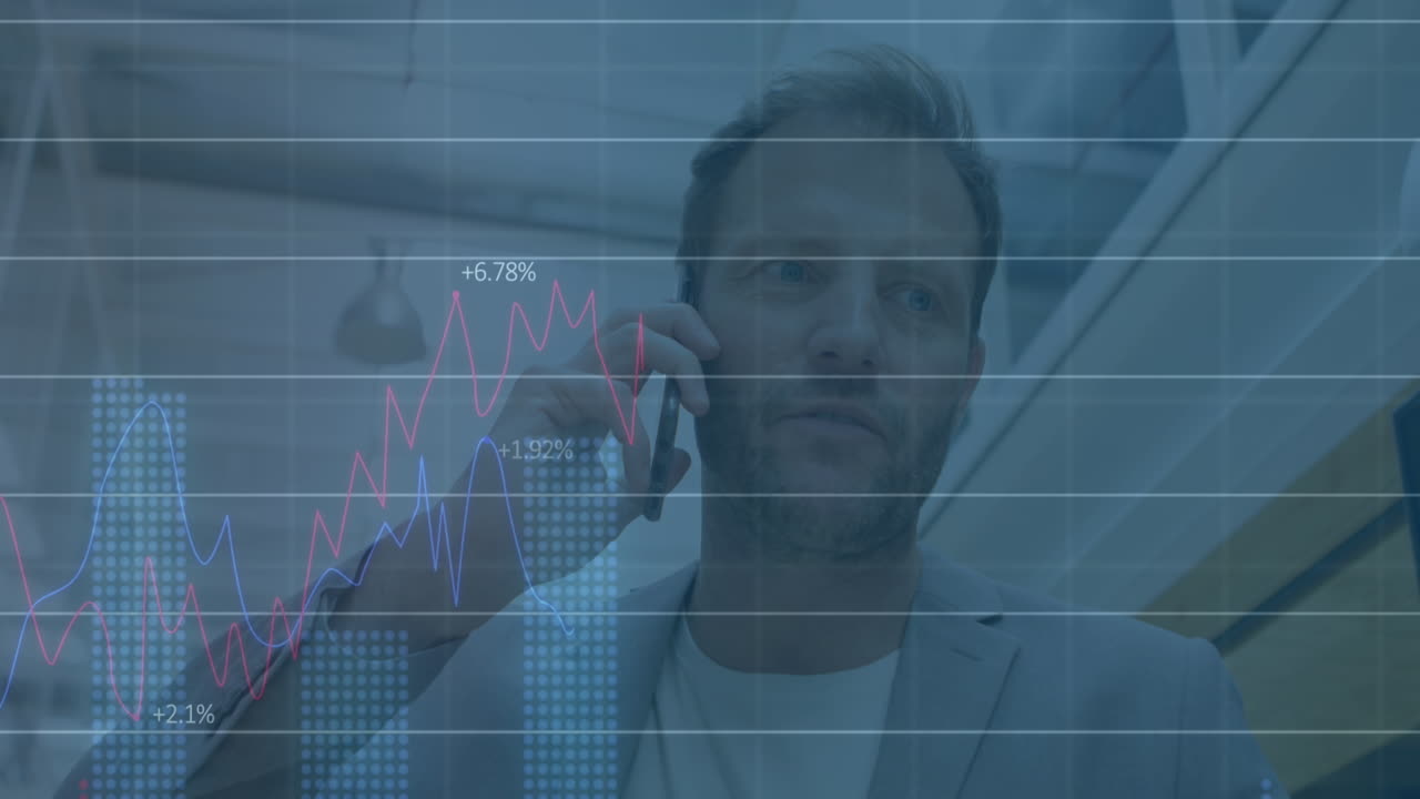 Animation of statistical data processing over caucasian businessman talking on smartphone at office