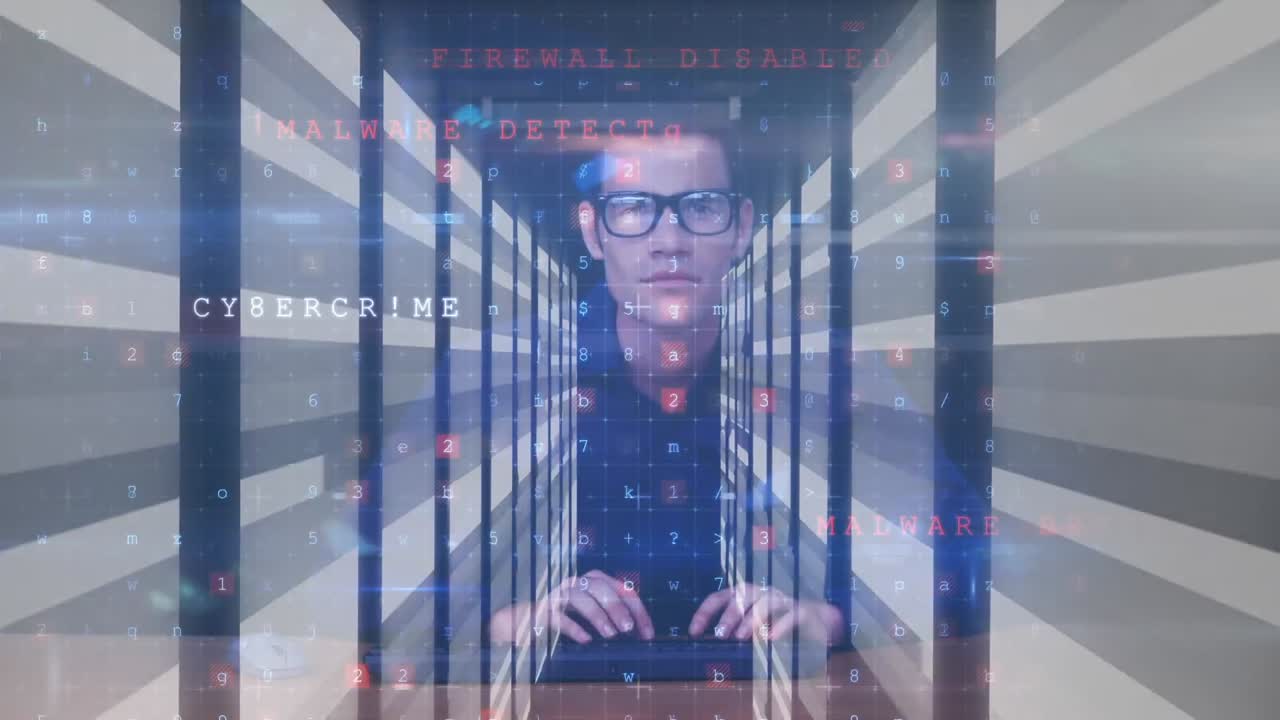 animación de un hombre con una máscara pirateando computadoras