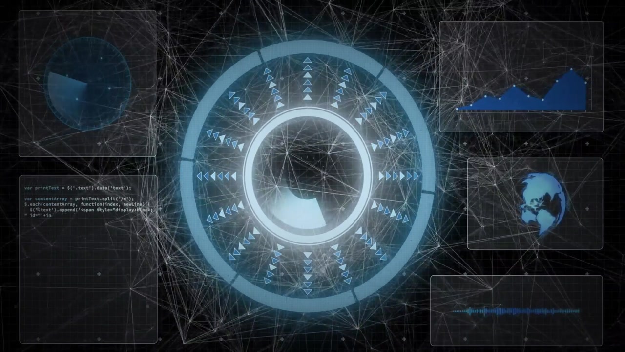 Central cyan HUD starting rotation as red blots fading, panels updating to show network data