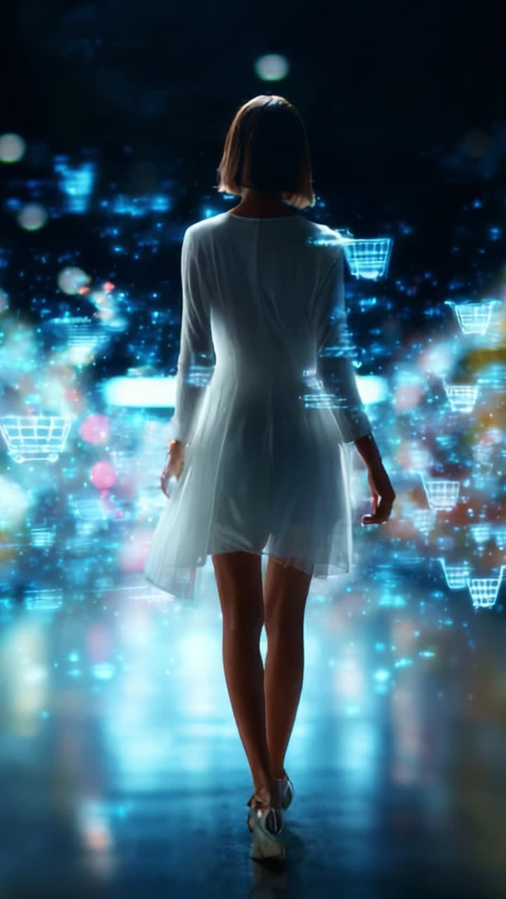 A woman in a flowing white dress walks towards a vibrant futuristic digital landscape filled with glowing elements and abstract representations of shopping carts