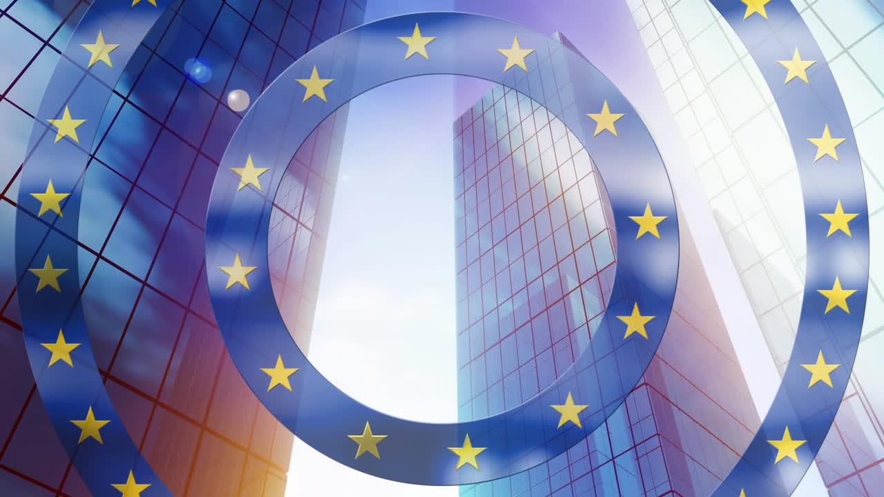 높은 건물에 대해 파란색 원을 움직이는 노란색 별