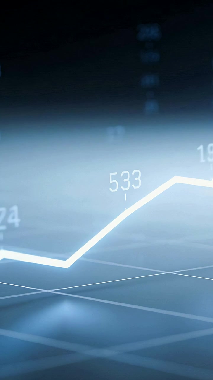 Vertical video: Starting animation glowing line chart moving over 3D grid in HUD, marking 533