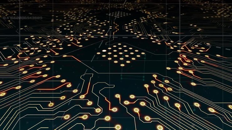 Digital animation of microprocessor connections over data processing against black background
