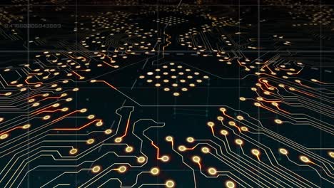 Digital animation of microprocessor connections over data processing against black background